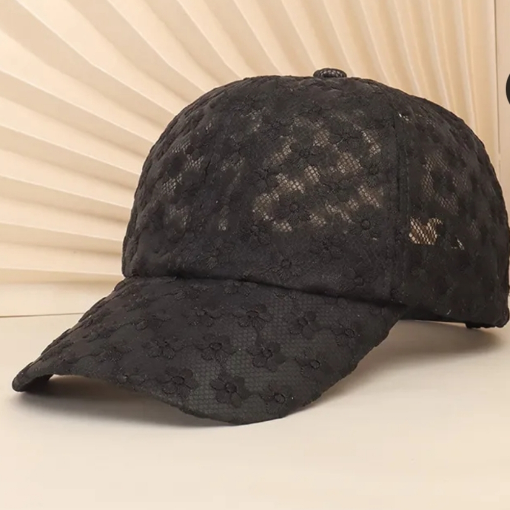 New Black Flower Mesh Airy Baseball Cap, Snap Adjustable Closure